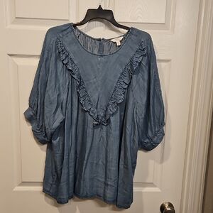 Time and Tru Denim Blue Ruffle Blouse